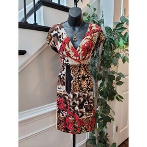 Cristinalove Dress Womens Large Brown Red Floral Print V Neck Short Sleeve